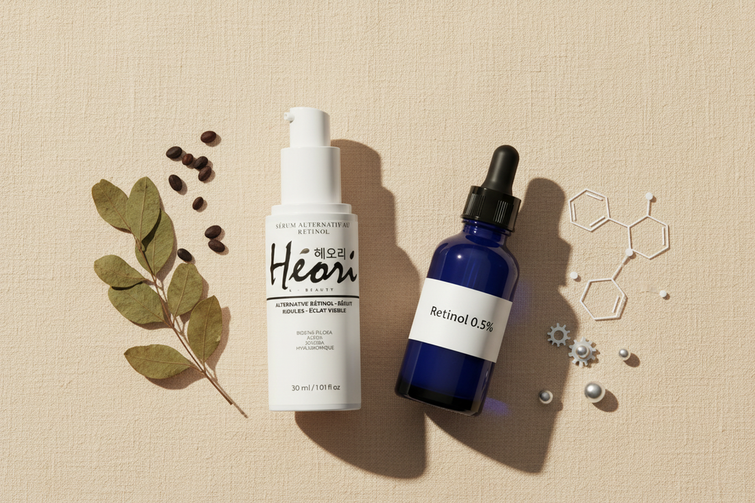 Comparatif bakuchiol vs rétinol — deux sérums anti-âge K-Beauty Héori sur fond ivoire