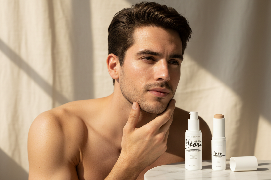 Routine K-Beauty homme simple 3 étapes — sérum et SPF50 | Héori